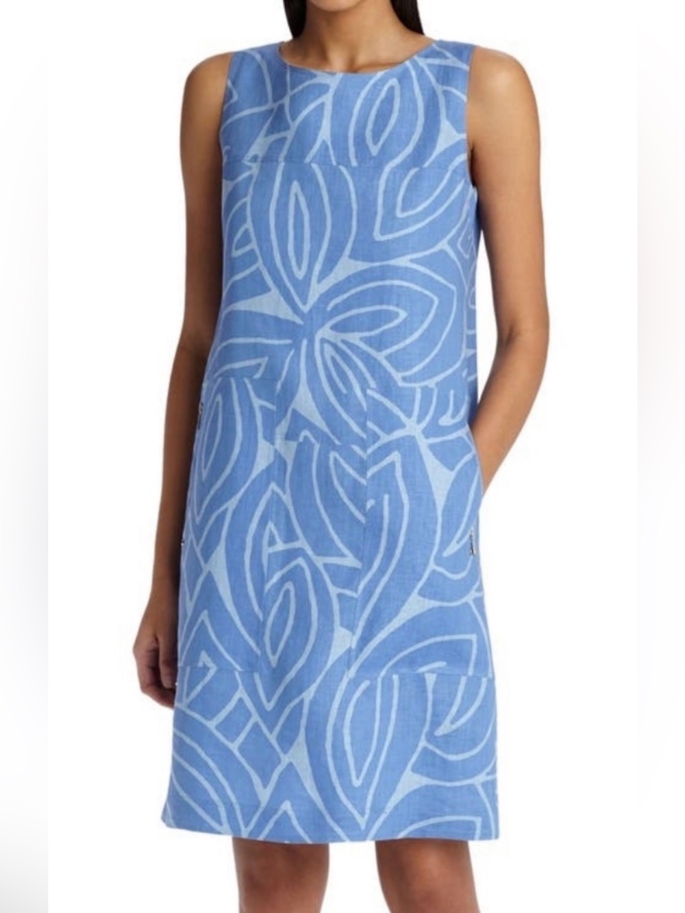 Lafayette 148 New York Bluebird linen shift dress with abstract leaf print